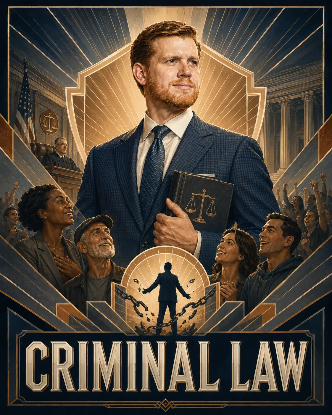 Illustration of a defense attorney in a courtroom with broken chains and community members